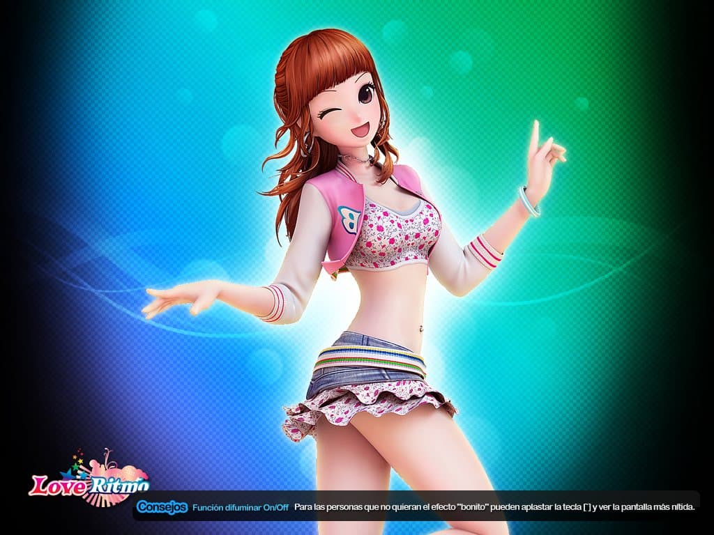 Loading screen art: a dancer winking against an aqua spotlight