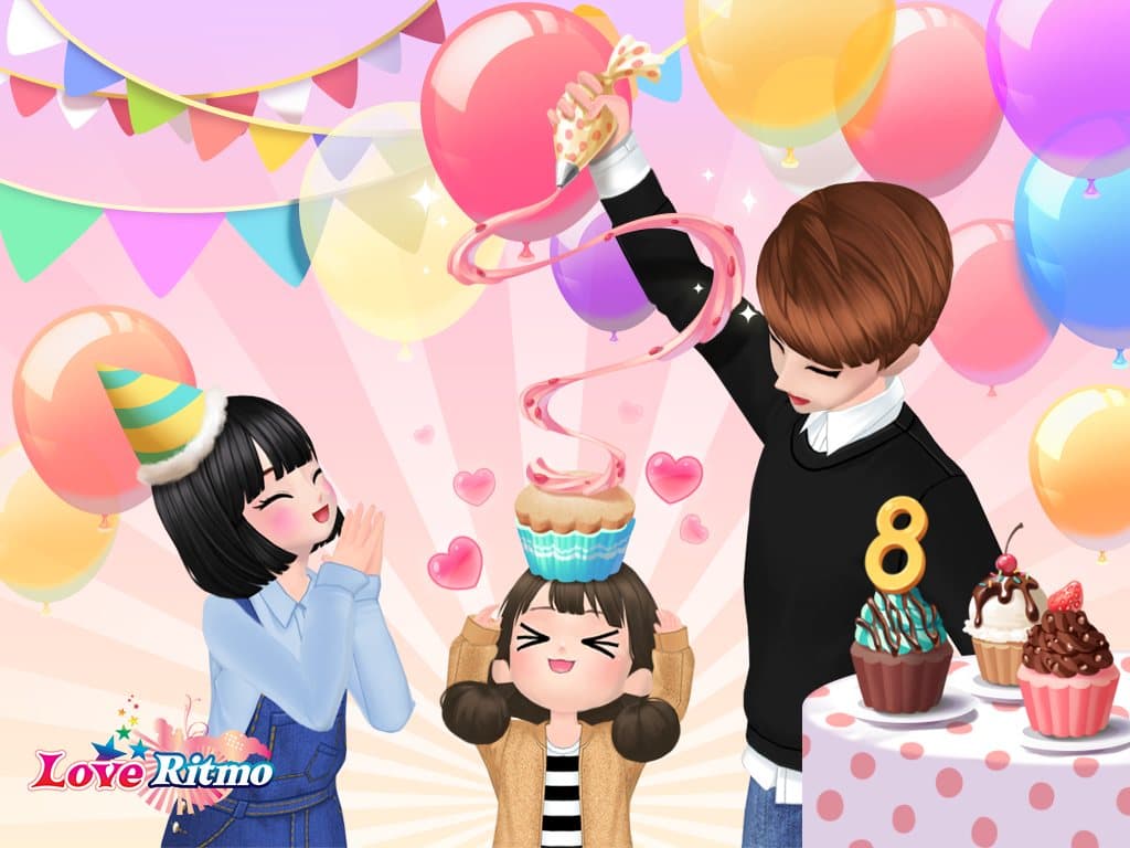 Loading screen art: friends celebrating with cupcakes and balloons